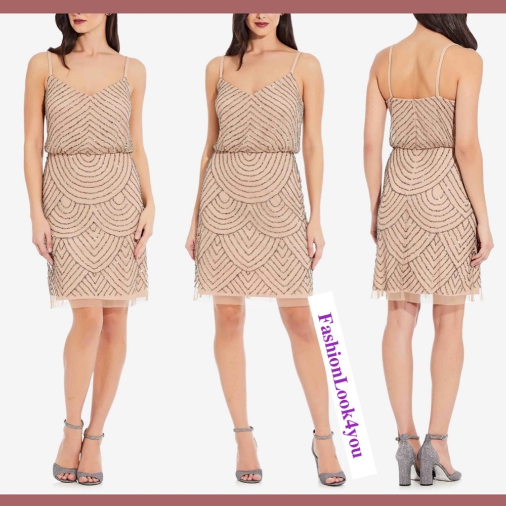 NWT Adrianna Papell Sequin Mesh Blouson Dress Taupe/Pink [ SZ 0 12‎ ]